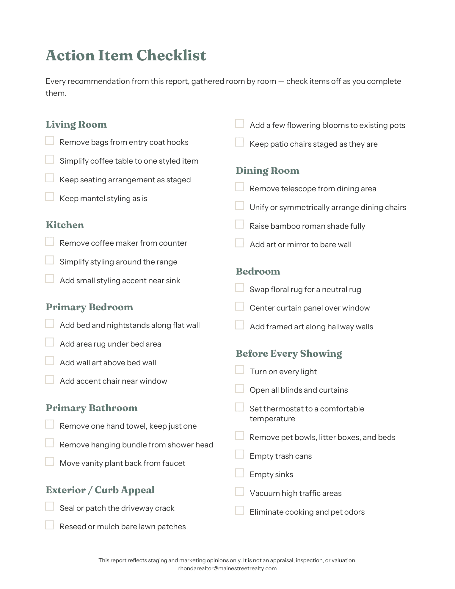 Action Item Checklist page from a First Impression Report