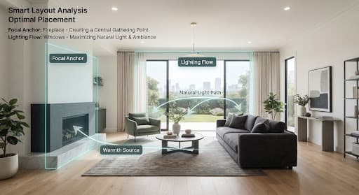 Living room with AI-highlighted focal points.