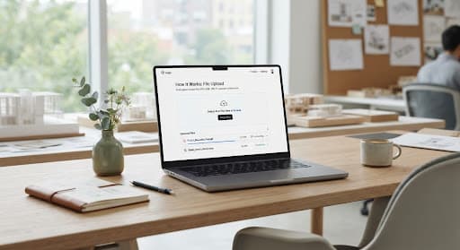 A minimalist workspace with a laptop displaying a file upload interface.