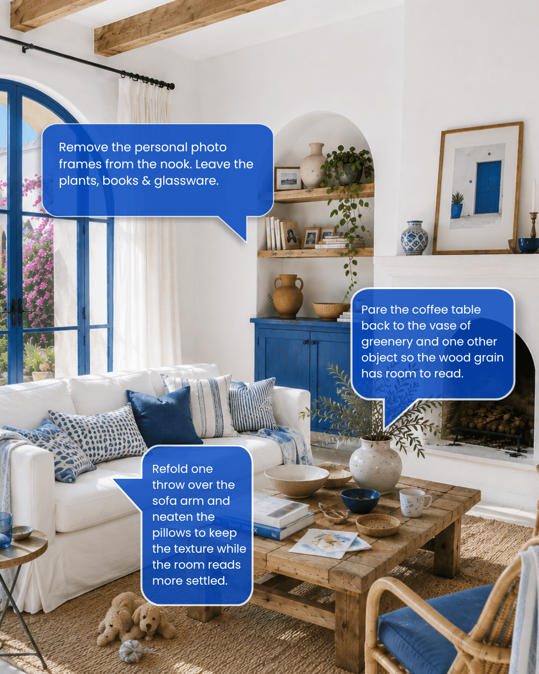 A living room photo annotated with specific staging recommendations, such as removing personal photo frames and simplifying the coffee table styling.